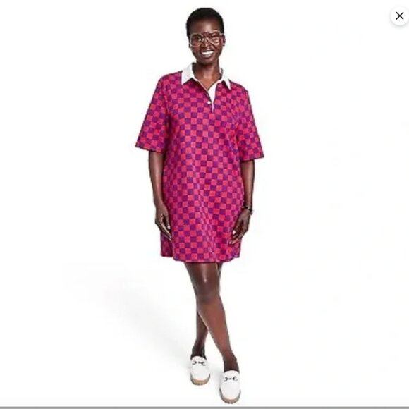Target x Rowing Blazers Checkerboard Print Short Sleeve Collar Rugby Dress - Picture 2 of 4